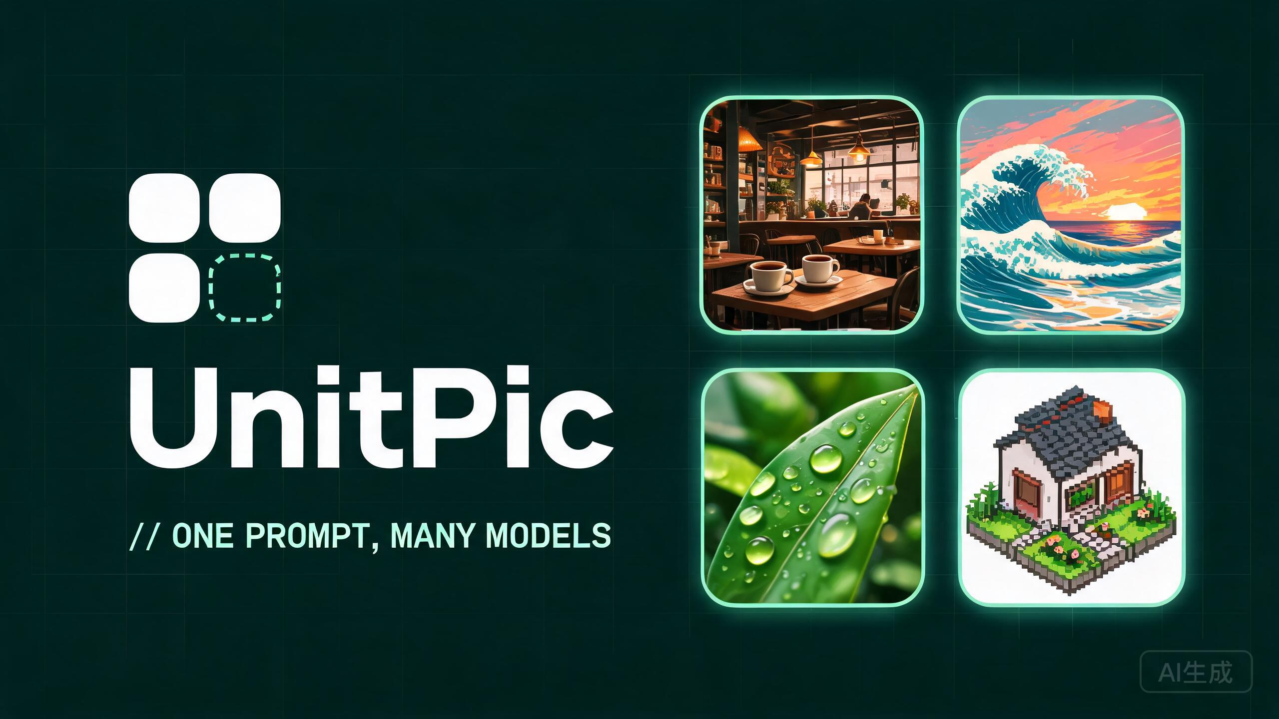 UnitPic — one account for every leading AI image model. Compare FLUX.2, GPT Image, Nano Banana, Grok, Qwen, Seedream, Krea side by side. - Product Image